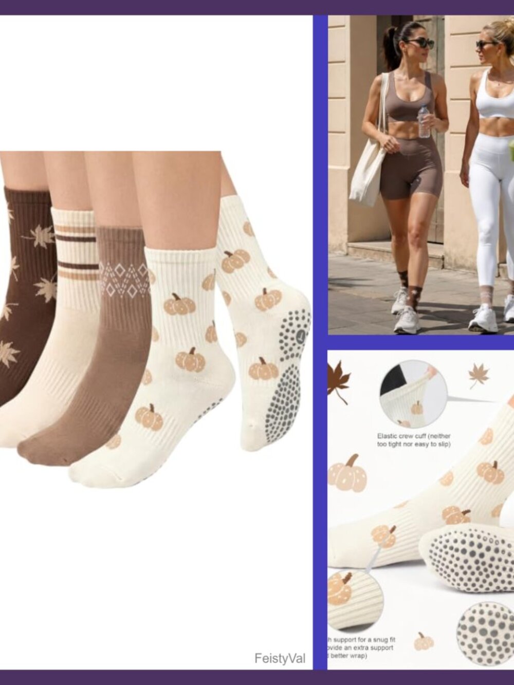 Pilates Grip Socks for Women Non Slip Yoga Crew Socks 4 Pack Fall